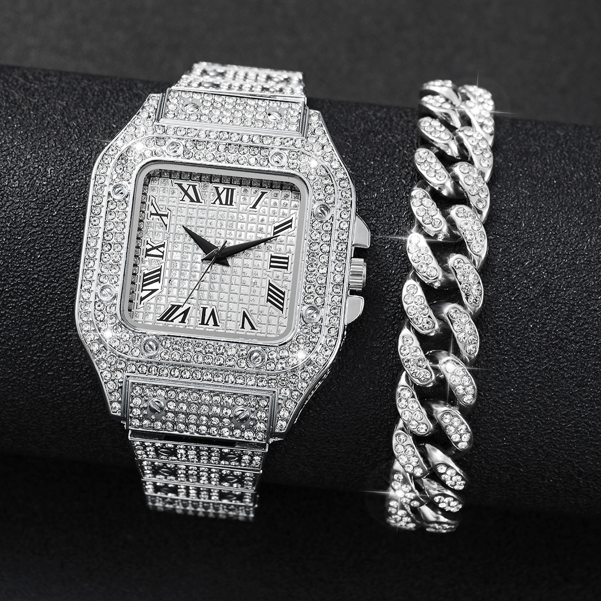 Jewelry Type Watches - 2PCS Iced Out Square Watch &