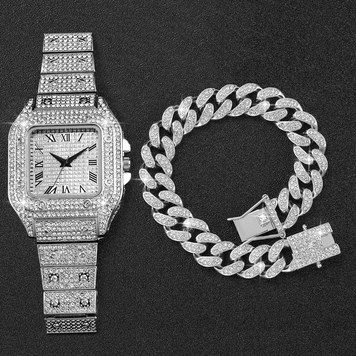 2PCS Iced Out Square Watch & C - Jewelry Type Watches recensione e prezzo
